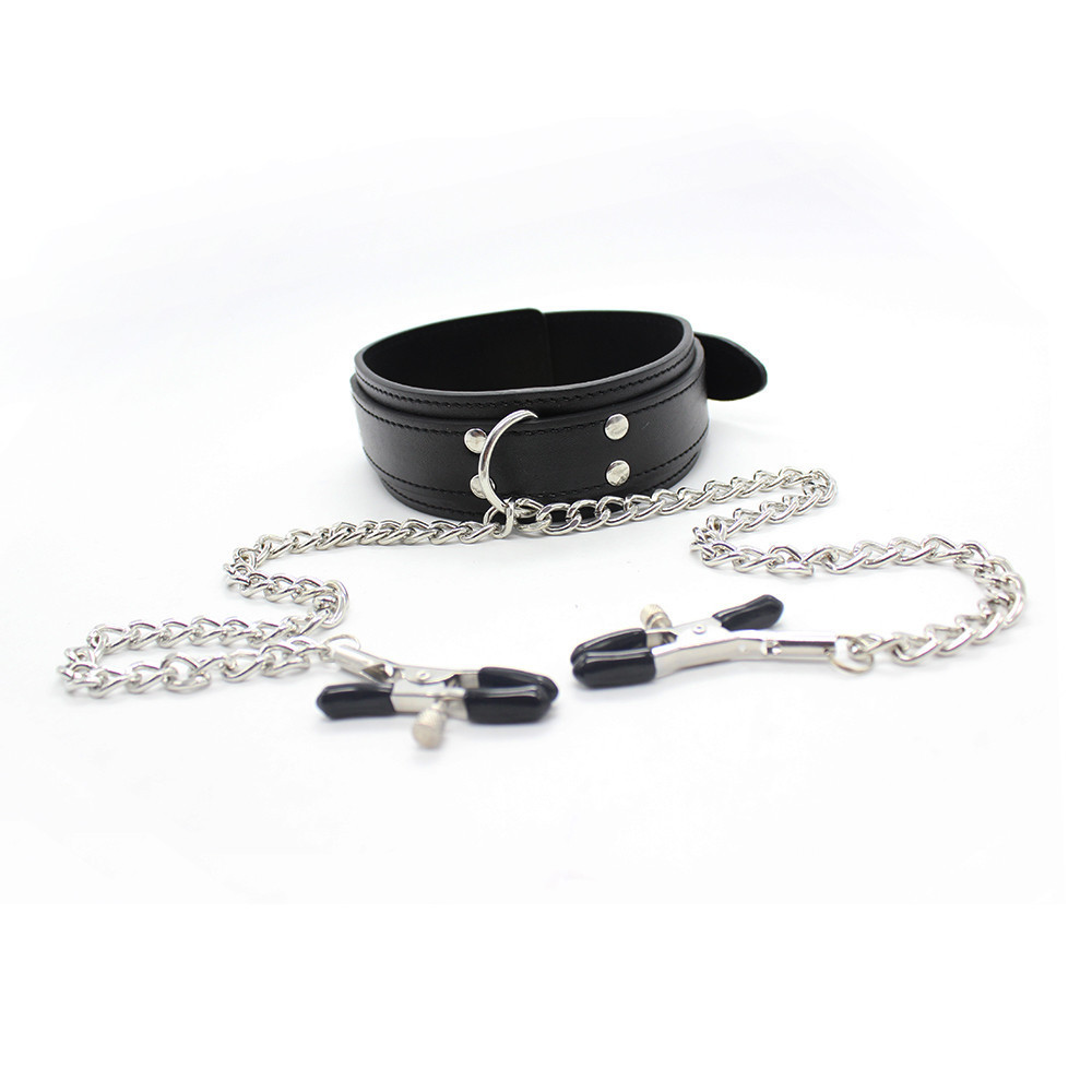 (image for) D Ring Bondage Collar With Nipple Clamp