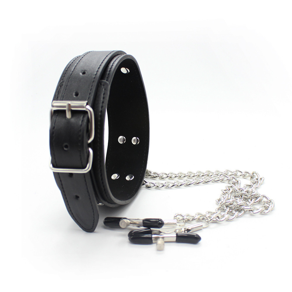 (image for) D Ring Bondage Collar With Nipple Clamp