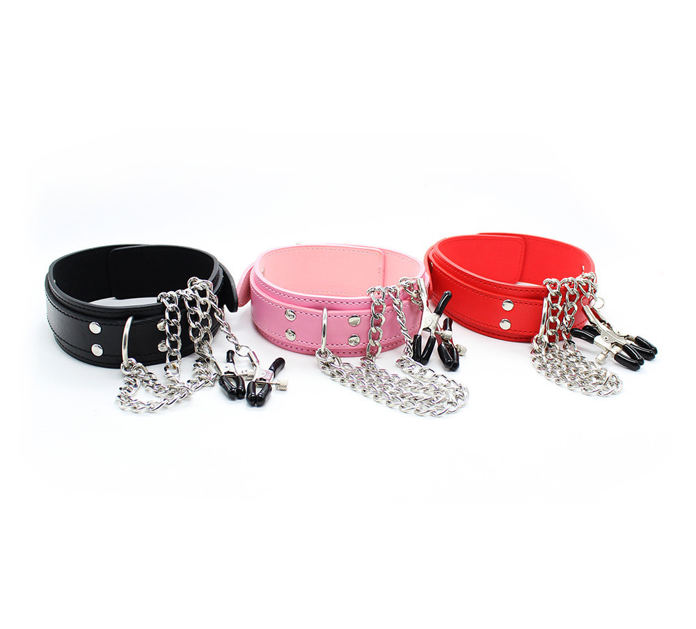 (image for) D Ring Bondage Collar With Nipple Clamp