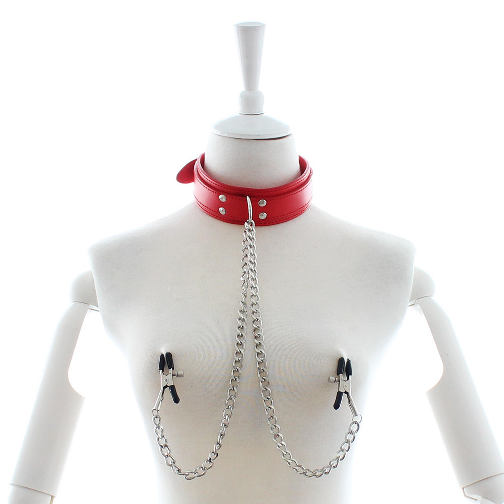 (image for) D Ring Bondage Collar With Nipple Clamp