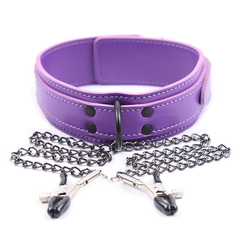 Purple Leather Collar With Nipple Clamps