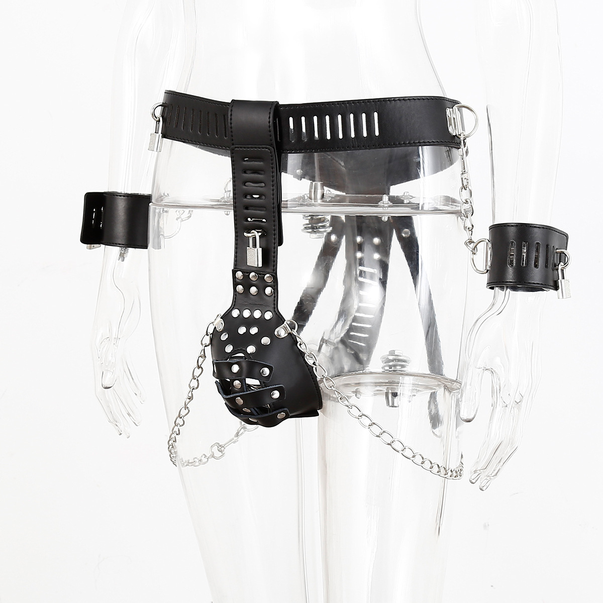 (image for) Leather Male Chastity Belt With Cuffs