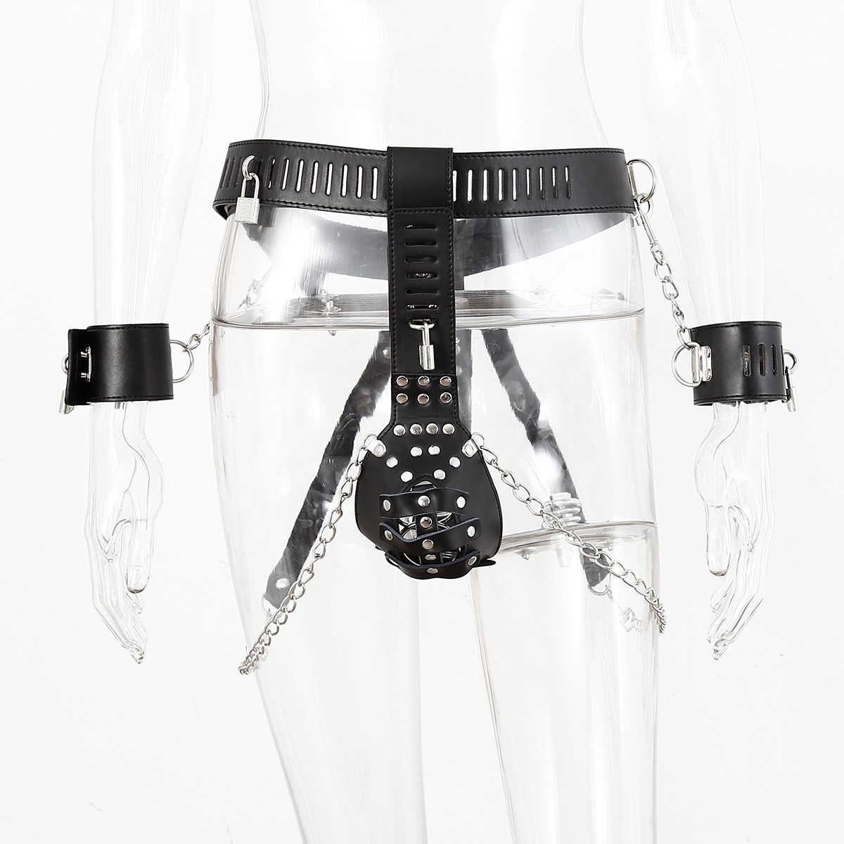 (image for) Leather Male Chastity Belt With Cuffs