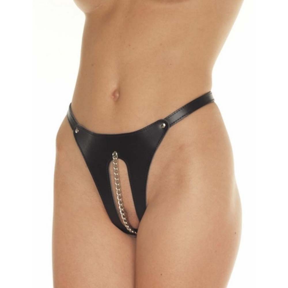 (image for) Open Front Leather Thong with Chain